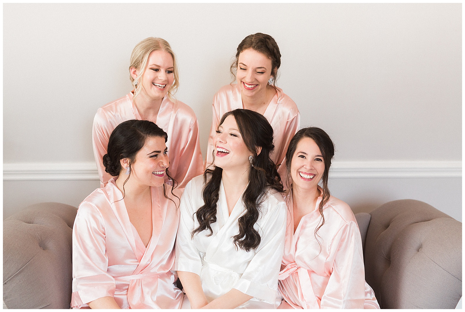 Soft Pink Robe Bridesmaid Bride Tribe Group Photo from Light and Airy Outdoor Wedding at Separk Mansion in Gastonia, NC | Kevyn Dixon Photography