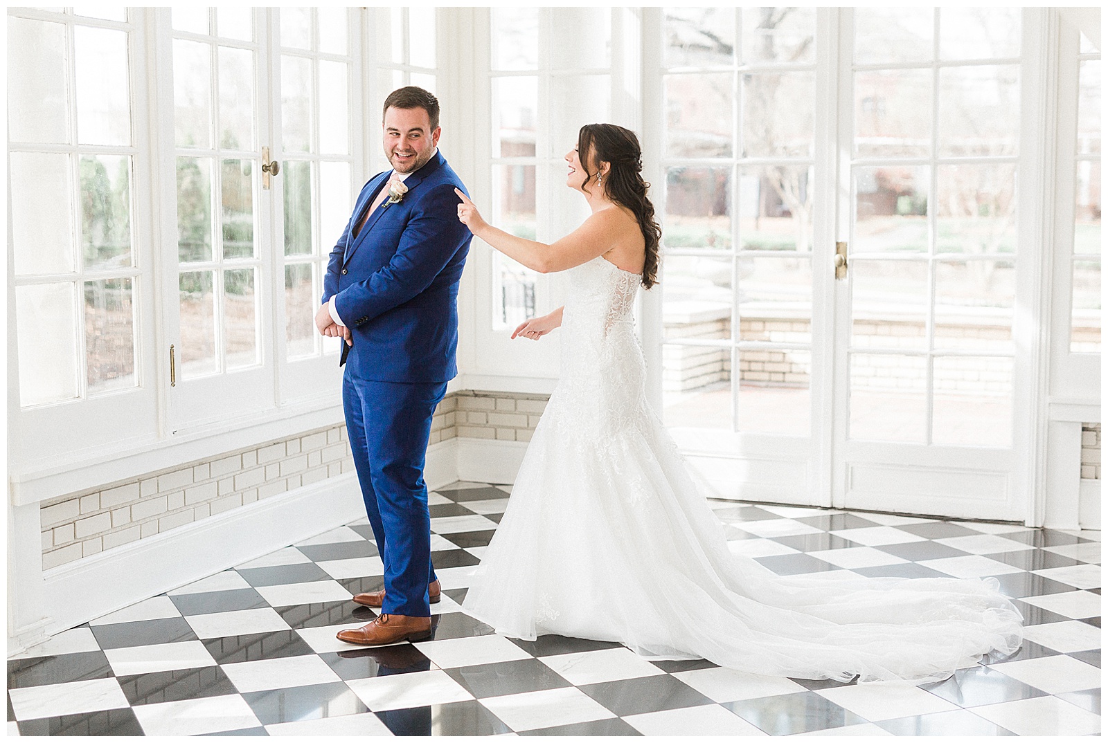 Groom's Adorable First Look of Bride's Lace Wedding Dress from Light and Airy Outdoor Wedding at Separk Mansion in Gastonia, NC | Kevyn Dixon Photography