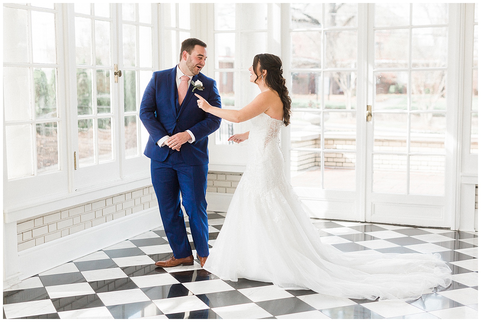 Groom's Adorable First Look of Bride's Lace Wedding Dress from Light and Airy Outdoor Wedding at Separk Mansion in Gastonia, NC | Kevyn Dixon Photography