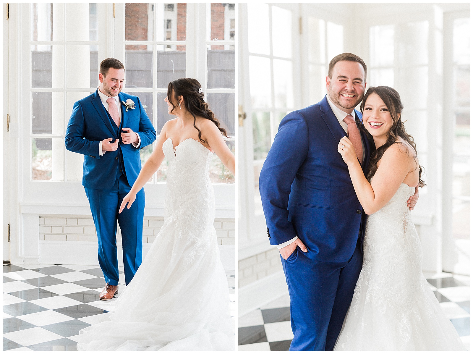 Groom's Adorable First Look of Bride's Lace Wedding Dress from Light and Airy Outdoor Wedding at Separk Mansion in Gastonia, NC | Kevyn Dixon Photography