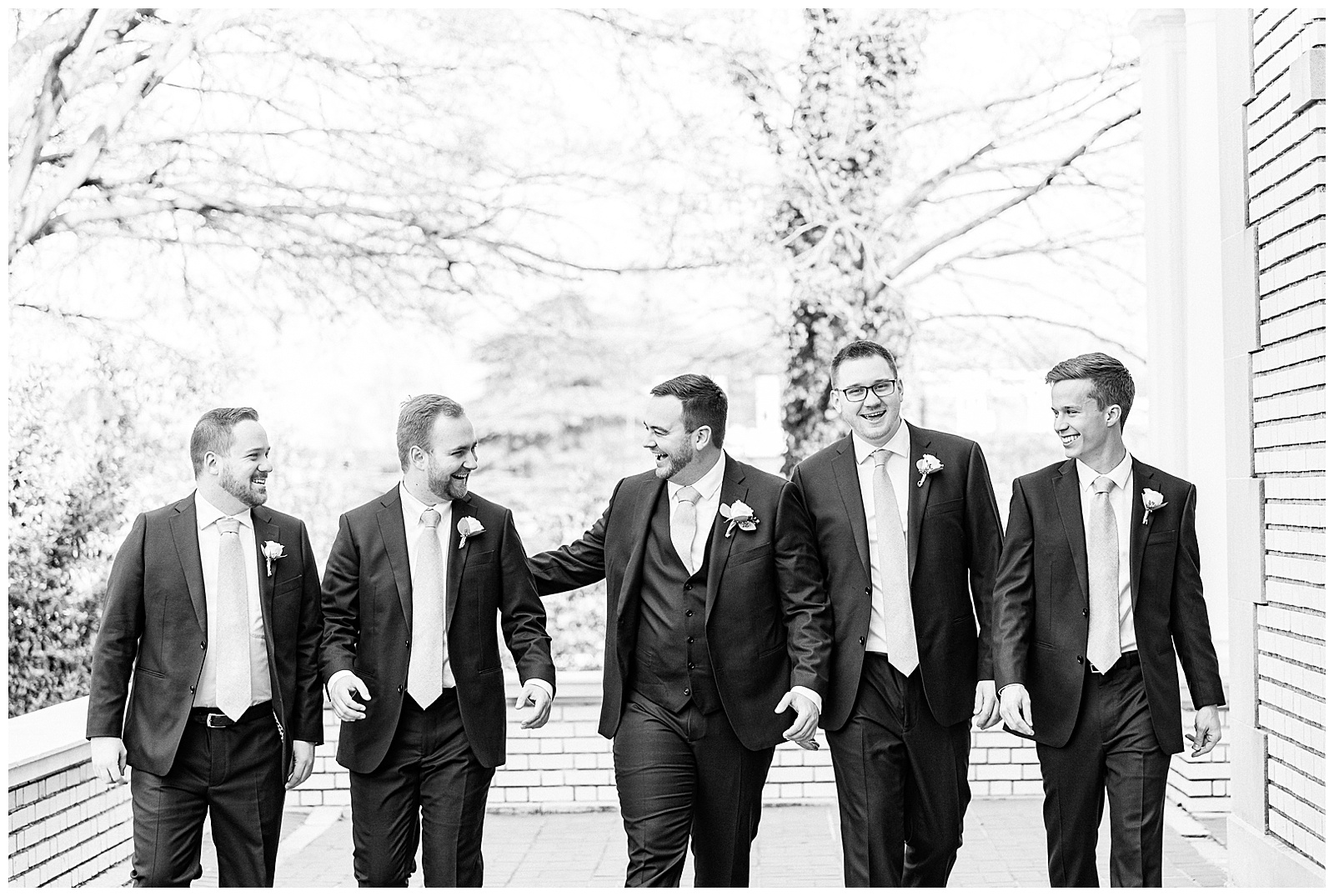Sharp-Looking Groomsmen Navy Blue Pink Tie Outfit Ideas from Light and Airy Outdoor Wedding at Separk Mansion in Gastonia, NC | Kevyn Dixon Photography