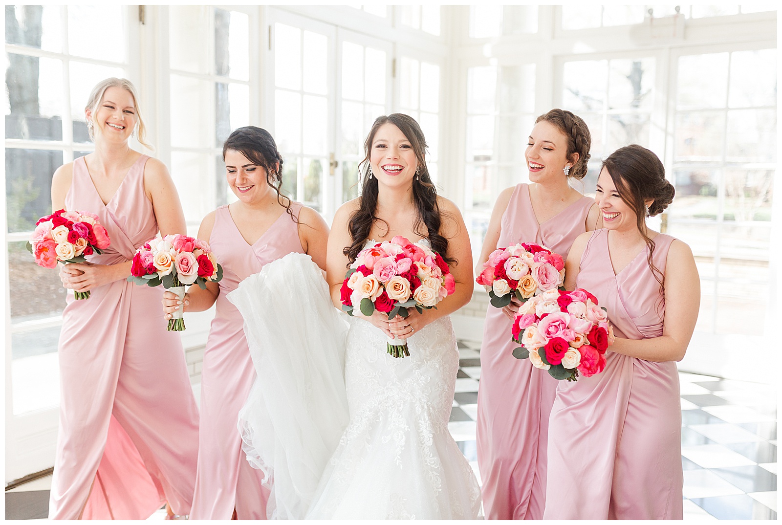 Soft Pink Color Theme Bridesmaid Bride Tribe Group Photo from Light and Airy Outdoor Wedding at Separk Mansion in Gastonia, NC | Kevyn Dixon Photography