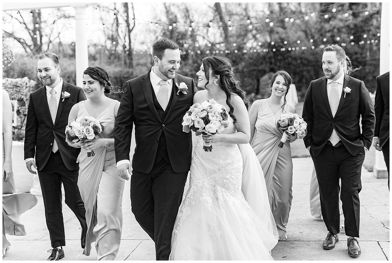 Soft Pink Navy Blue Color Theme Bridesmaid Bride Tribe and Groomsmen Group Photo from Light and Airy Outdoor Wedding at Separk Mansion in Gastonia, NC | Kevyn Dixon Photography