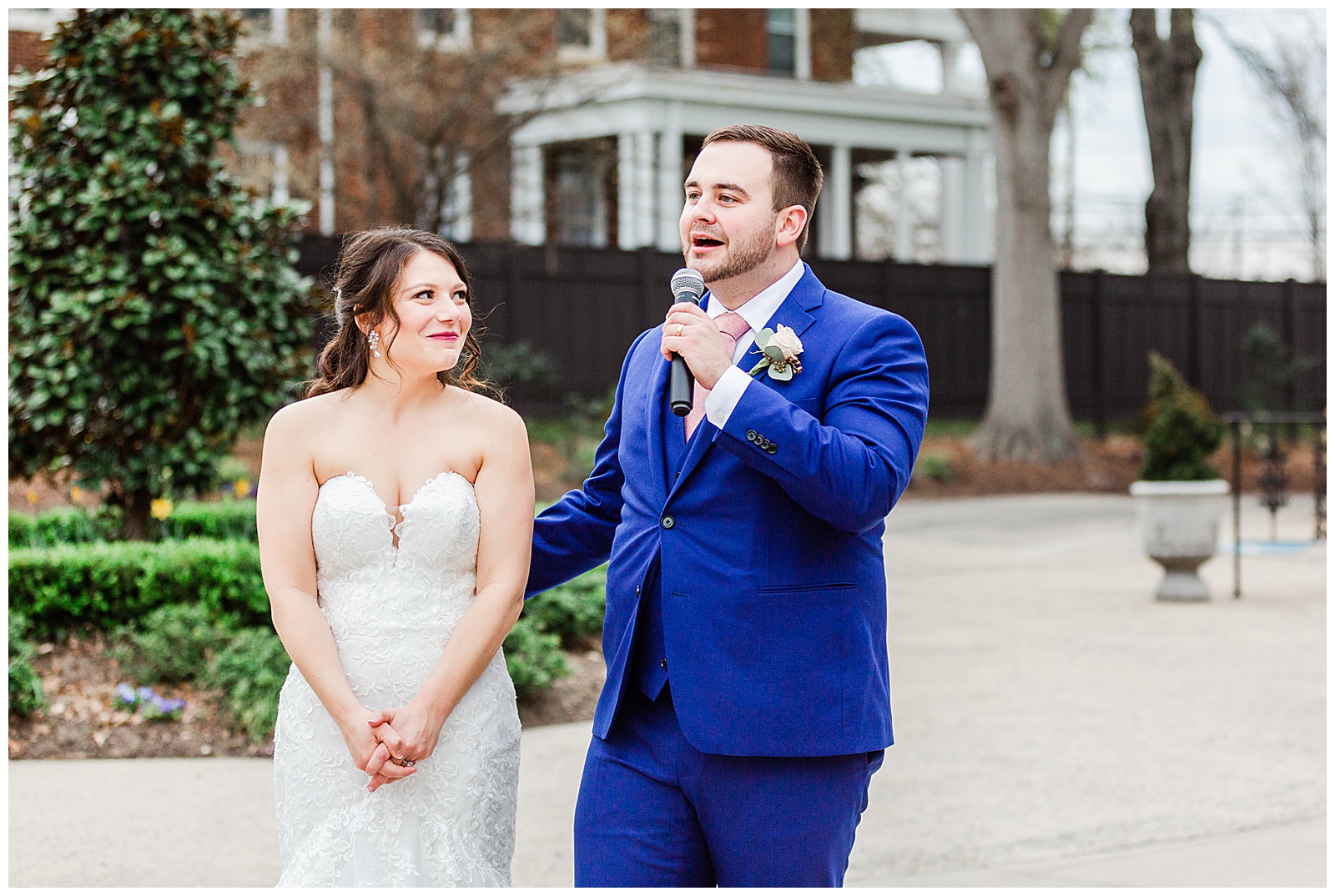 Adorable Bride and Groom at Wedding Reception from Light and Airy Outdoor Wedding at Separk Mansion in Gastonia, NC | Kevyn Dixon Photography
