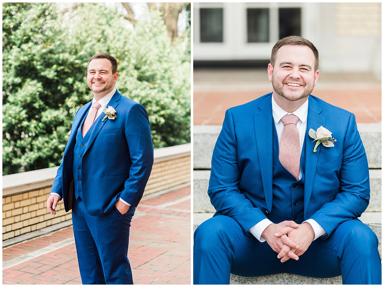 Sharp-Looking Groom Navy Blue Pink Tie Outfit Ideas from Light and Airy Outdoor Wedding at Separk Mansion in Gastonia, NC | Kevyn Dixon Photography