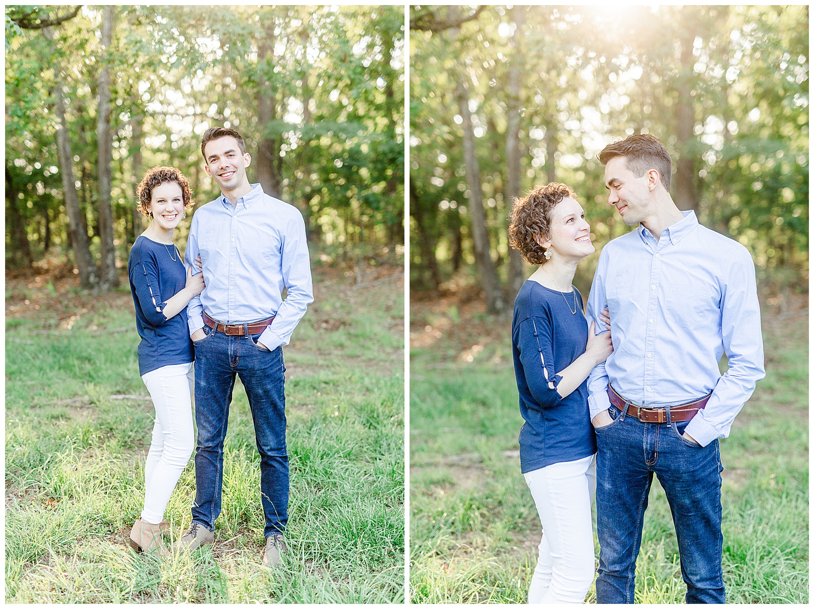 Golden Hour Outdoor Engagement Session with Classy Blue Shirt White Jeans Outfit Ideas in Charlotte, NC by Kevyn Dixon Photography