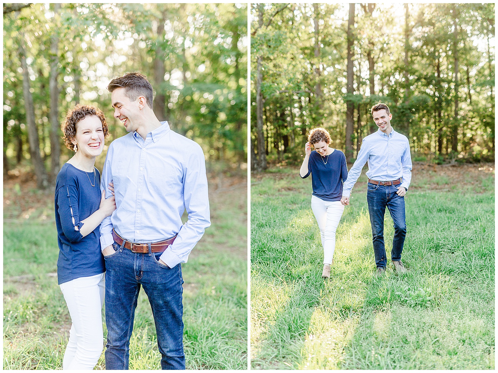 Golden Hour Outdoor Engagement Session with Classy Blue Shirt White Jeans Outfit Ideas in Charlotte, NC by Kevyn Dixon Photography