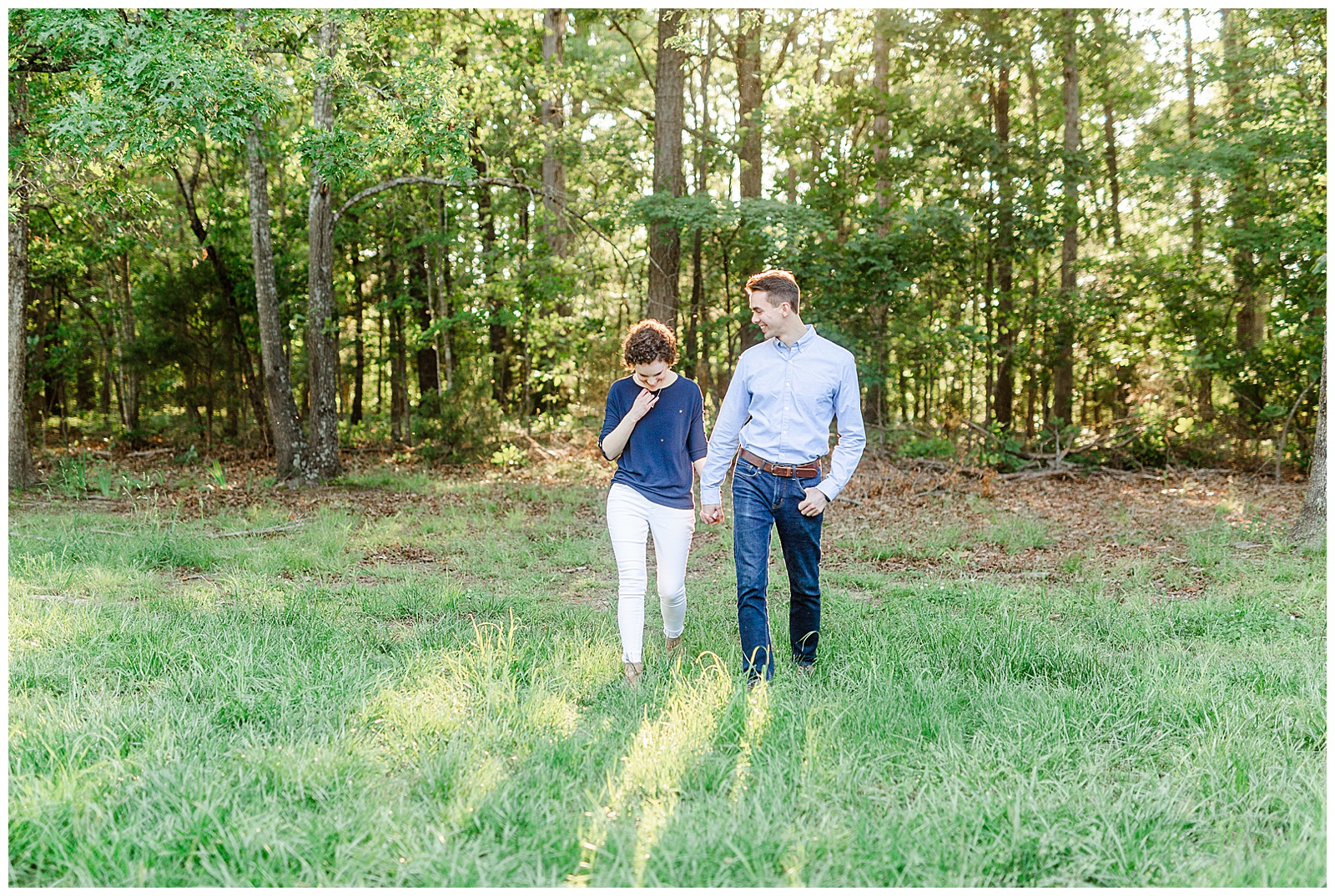 Golden Hour Outdoor Engagement Session with Classy Blue Shirt White Jeans Outfit Ideas in Charlotte, NC by Kevyn Dixon Photography