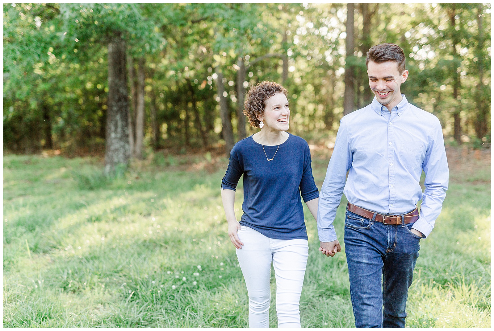Golden Hour Outdoor Engagement Session with Classy Blue Shirt White Jeans Outfit Ideas in Charlotte, NC by Kevyn Dixon Photography