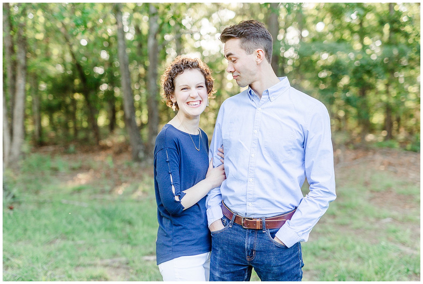 Golden Hour Outdoor Engagement Session with Classy Blue Shirt White Jeans Outfit Ideas in Charlotte, NC by Kevyn Dixon Photography