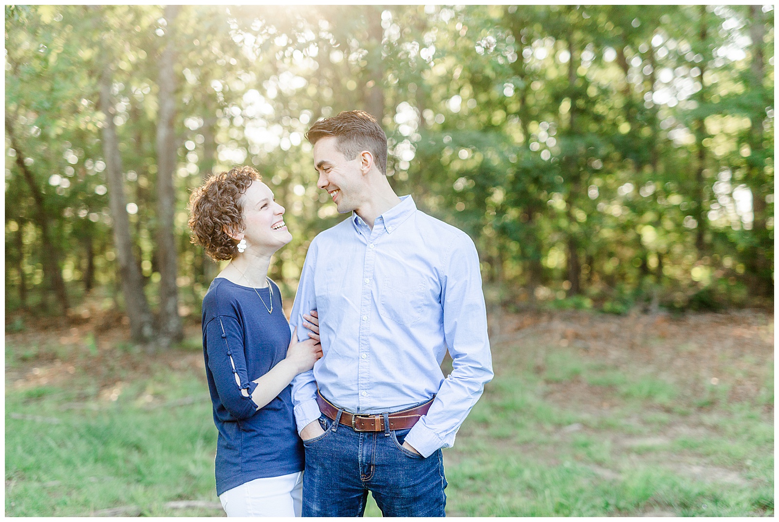 Golden Hour Outdoor Engagement Session with Classy Blue Shirt White Jeans Outfit Ideas in Charlotte, NC by Kevyn Dixon Photography