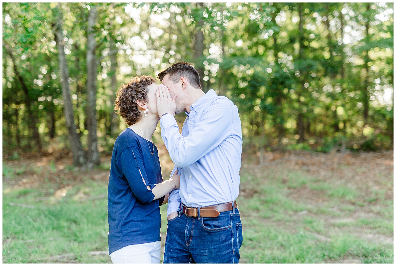 Golden Hour Outdoor Engagement Session with Classy Blue Shirt White Jeans Outfit Ideas in Charlotte, NC by Kevyn Dixon Photography