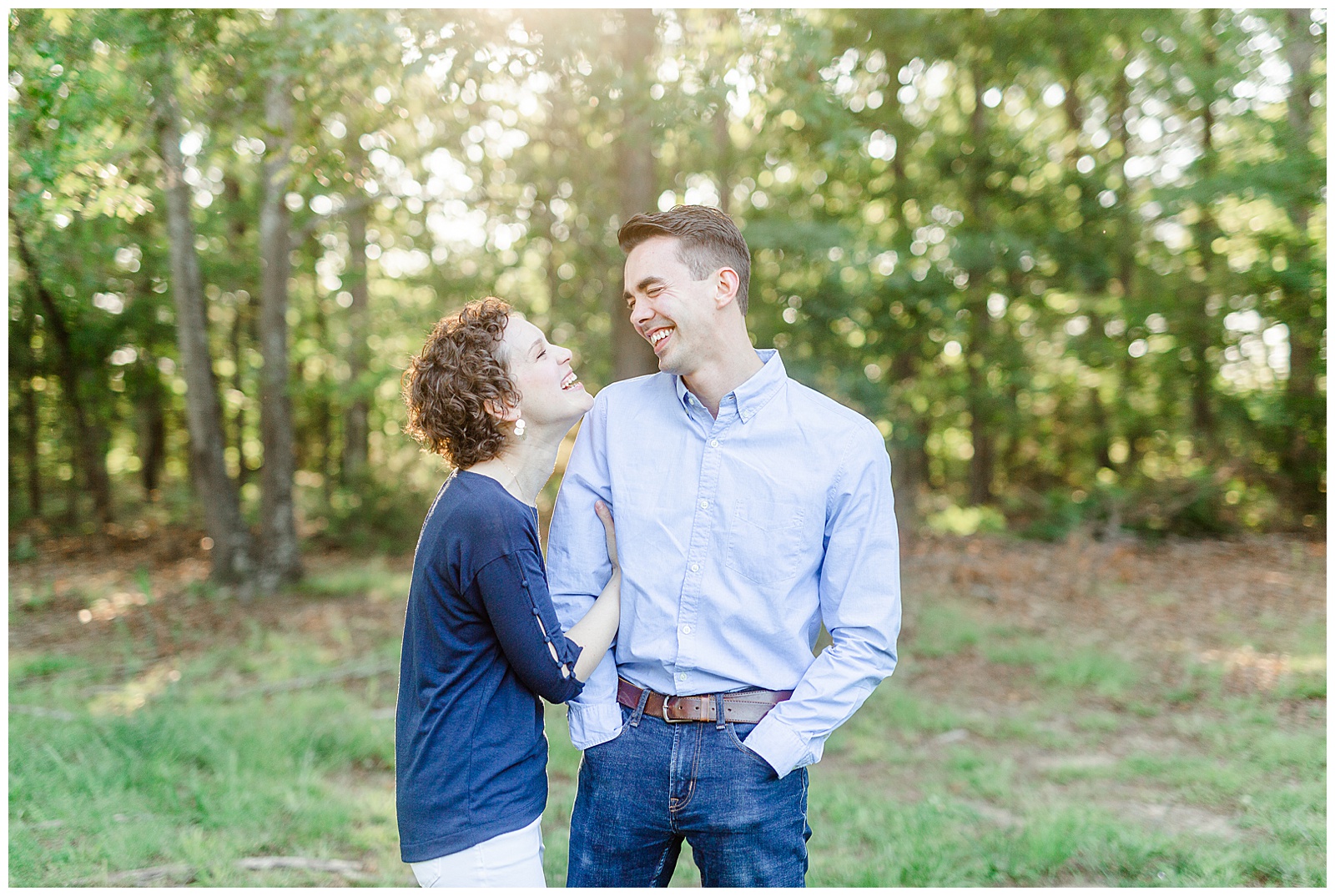 Golden Hour Outdoor Engagement Session with Classy Blue Shirt White Jeans Outfit Ideas in Charlotte, NC by Kevyn Dixon Photography