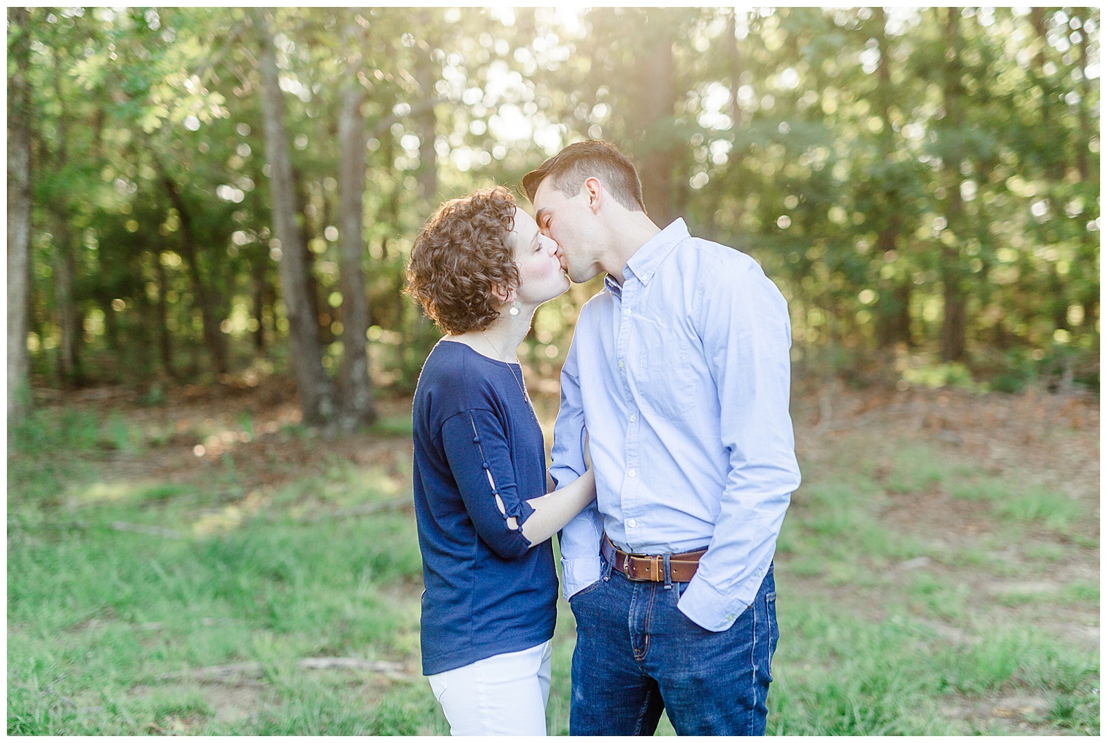 Golden Hour Outdoor Engagement Session with Classy Blue Shirt White Jeans Outfit Ideas in Charlotte, NC by Kevyn Dixon Photography