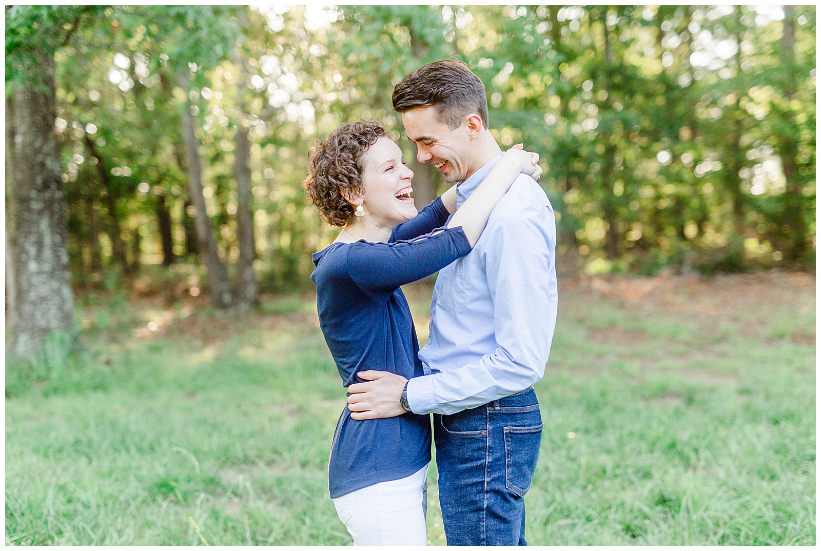 Golden Hour Outdoor Engagement Session with Classy Blue Shirt White Jeans Outfit Ideas in Charlotte, NC by Kevyn Dixon Photography