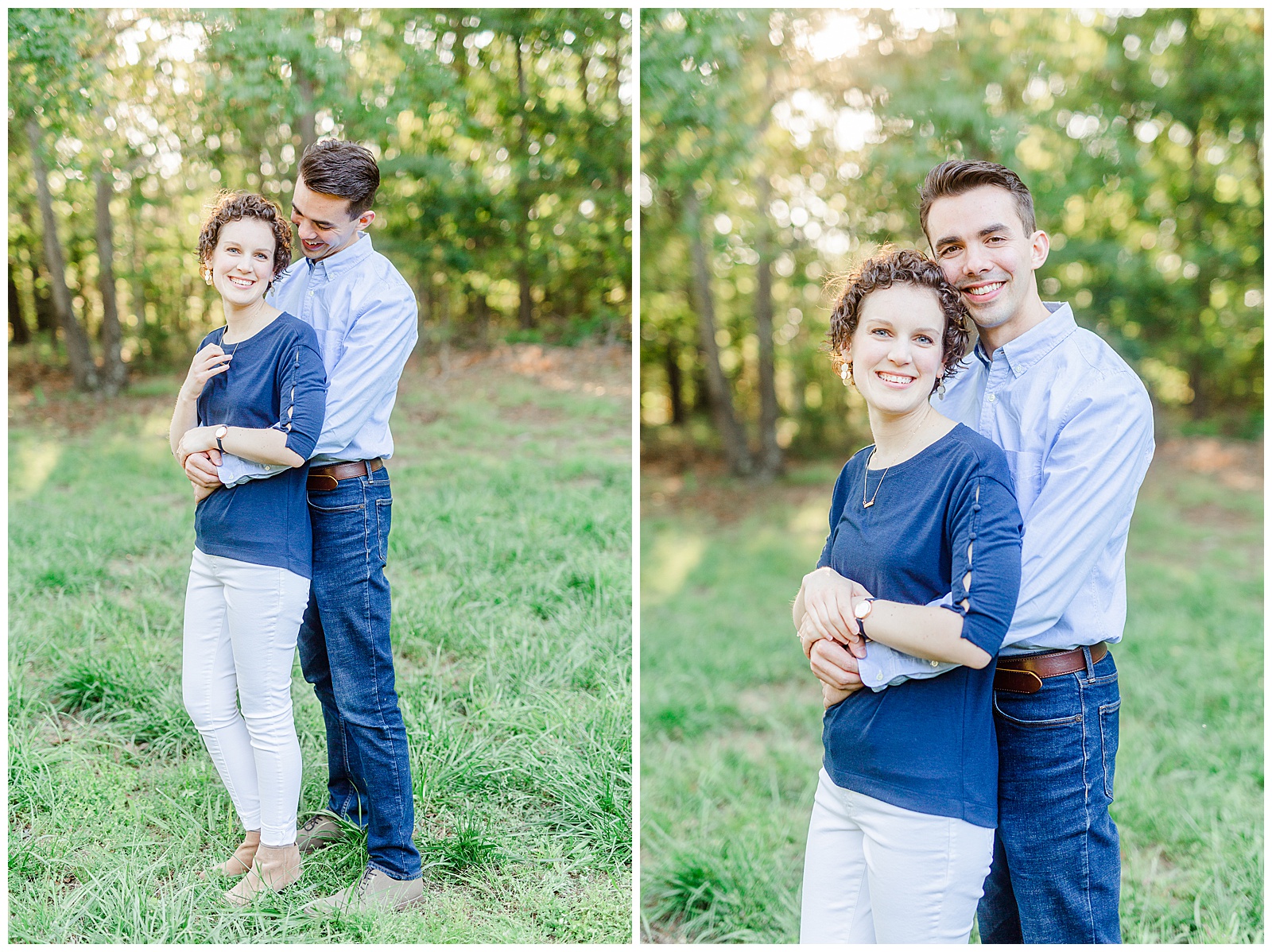 Golden Hour Outdoor Engagement Session with Classy Blue Shirt White Jeans Outfit Ideas in Charlotte, NC by Kevyn Dixon Photography