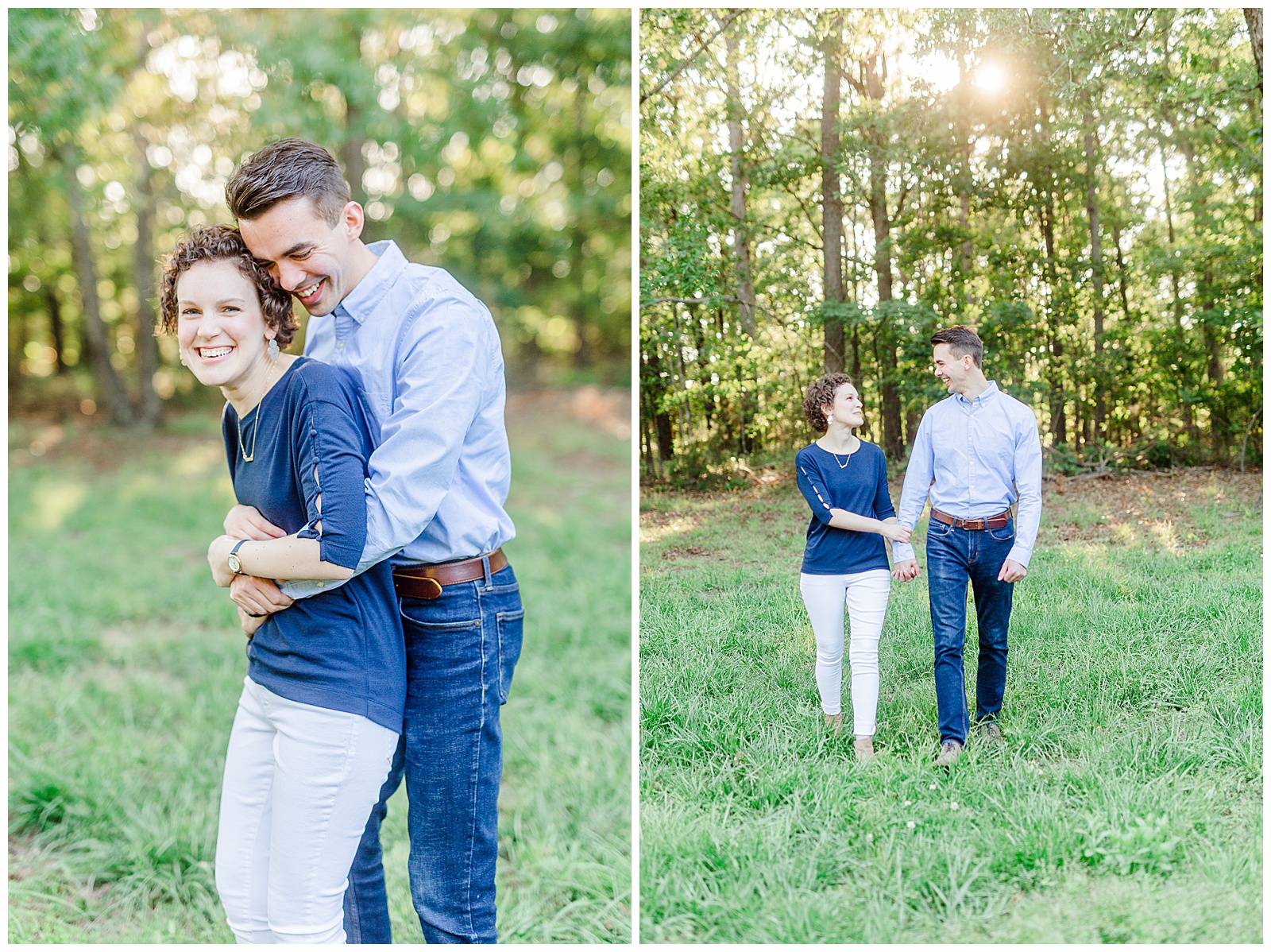 Golden Hour Outdoor Engagement Session with Classy Blue Shirt White Jeans Outfit Ideas in Charlotte, NC by Kevyn Dixon Photography