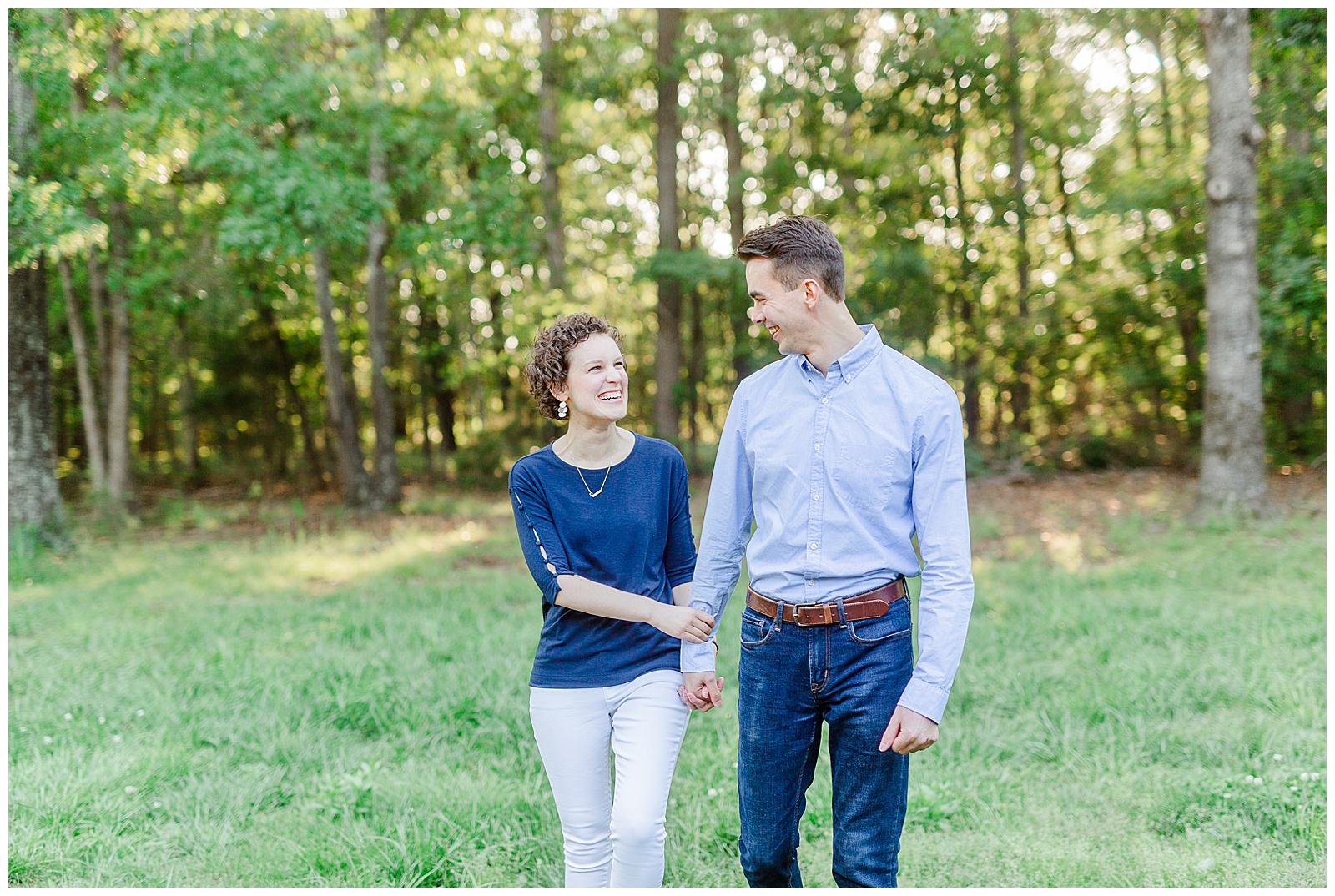 Golden Hour Outdoor Engagement Session with Classy Blue Shirt White Jeans Outfit Ideas in Charlotte, NC by Kevyn Dixon Photography