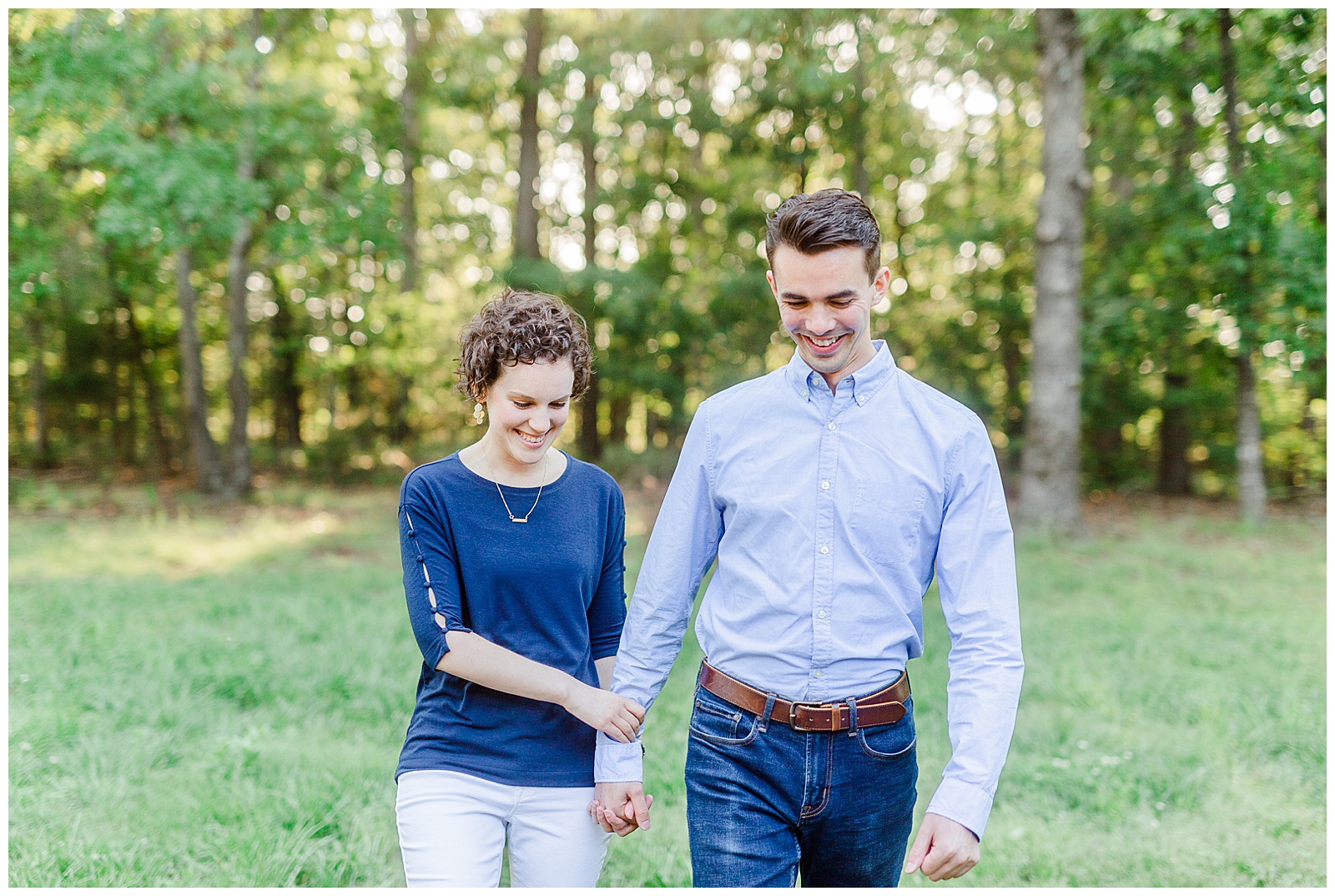 Golden Hour Outdoor Engagement Session with Classy Blue Shirt White Jeans Outfit Ideas in Charlotte, NC by Kevyn Dixon Photography