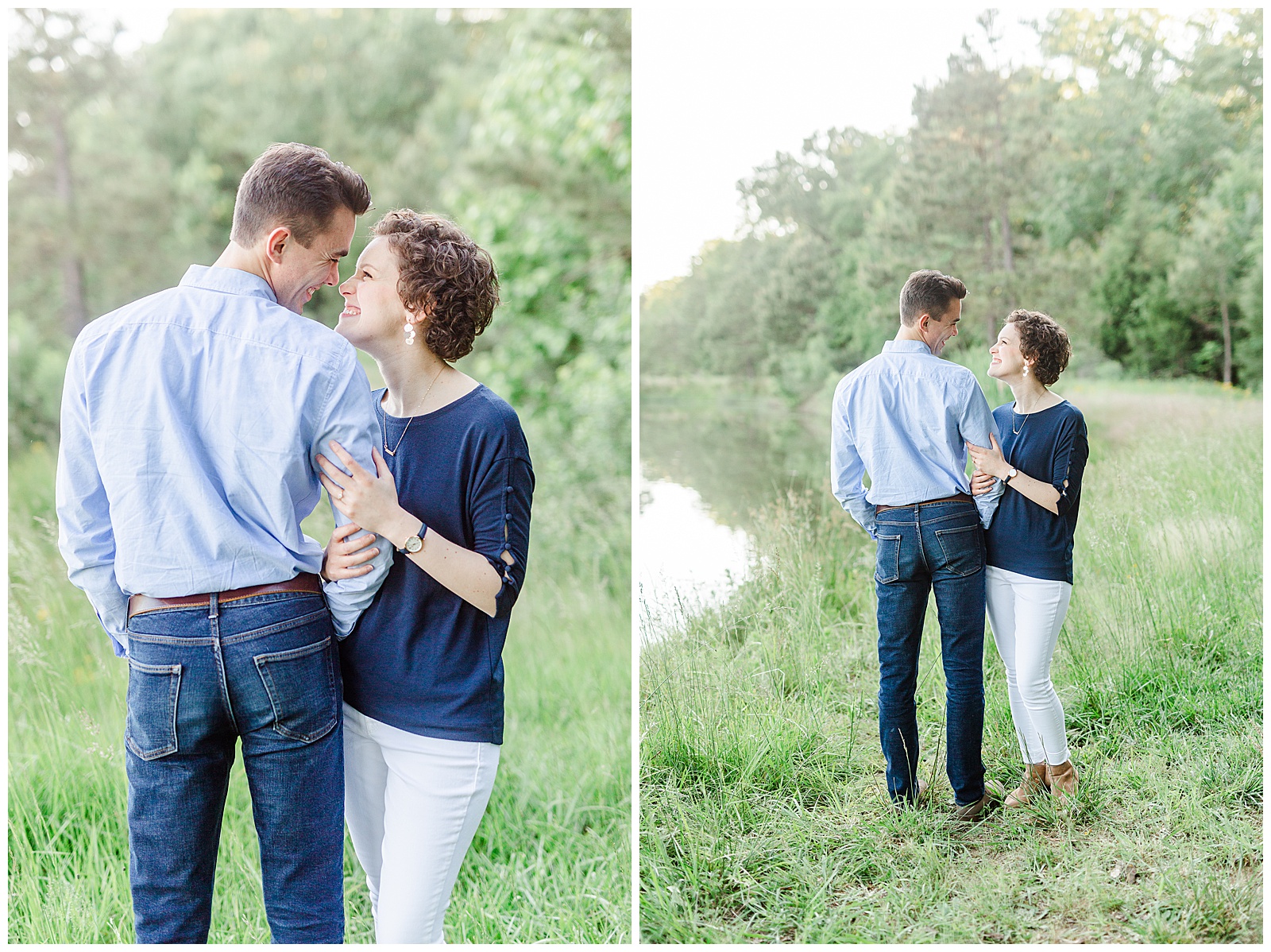 Golden Hour Outdoor Engagement Session with Classy Blue Shirt White Jeans Outfit Ideas in Charlotte, NC by Kevyn Dixon Photography