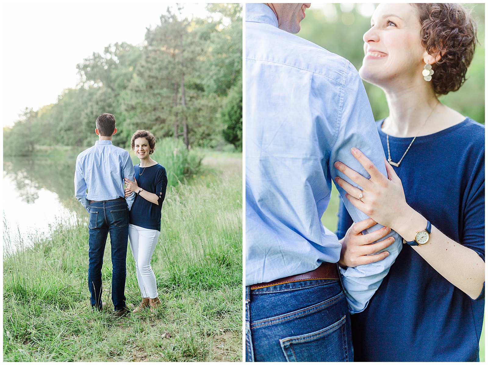 Golden Hour Outdoor Engagement Session with Classy Blue Shirt White Jeans Outfit Ideas in Charlotte, NC by Kevyn Dixon Photography