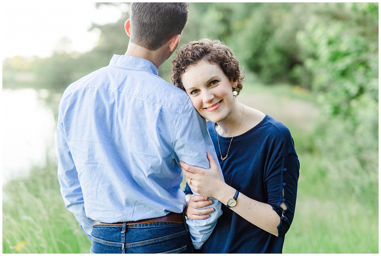 Golden Hour Outdoor Engagement Session with Classy Blue Shirt White Jeans Outfit Ideas in Charlotte, NC by Kevyn Dixon Photography