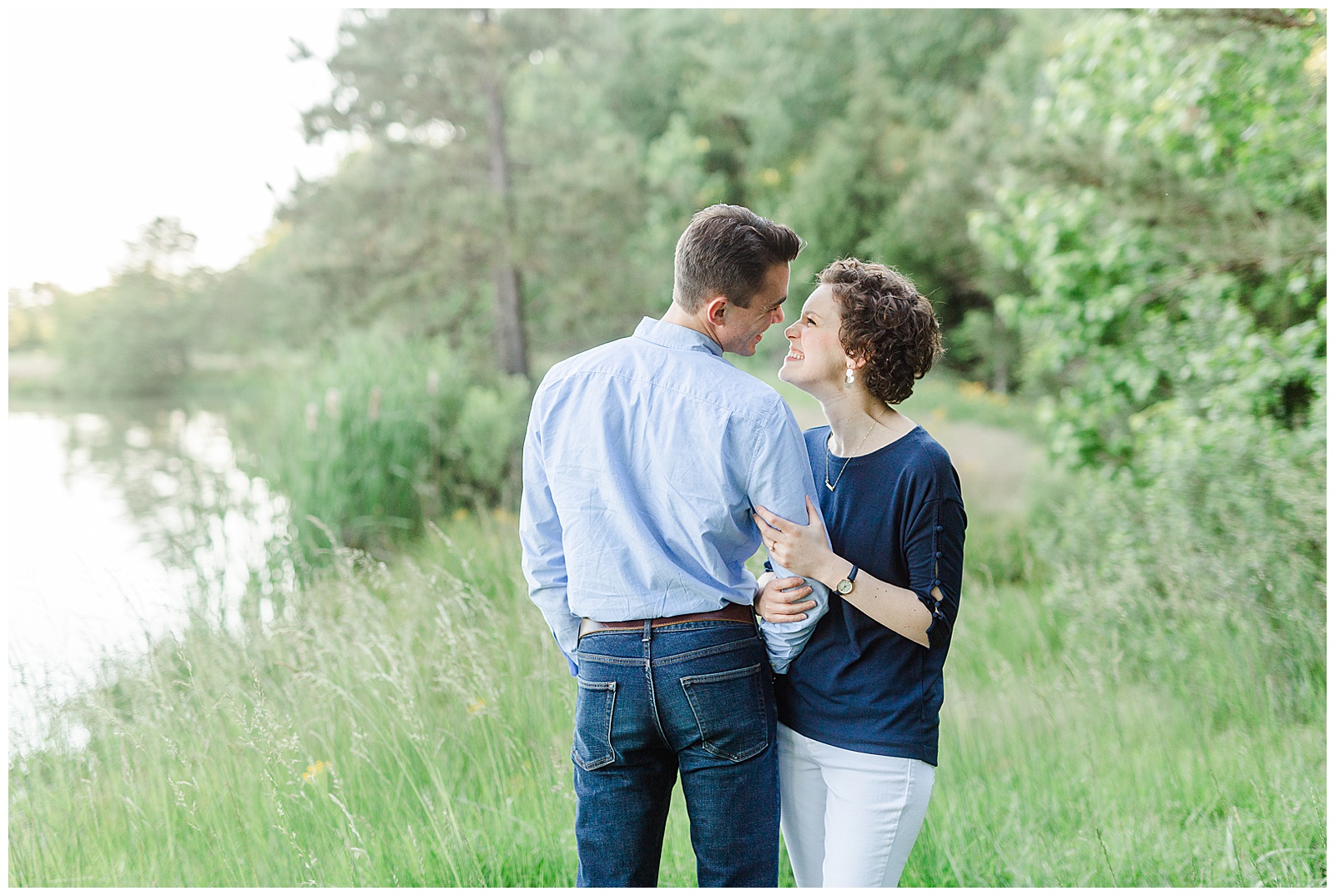 Golden Hour Outdoor Engagement Session with Classy Blue Shirt White Jeans Outfit Ideas in Charlotte, NC by Kevyn Dixon Photography