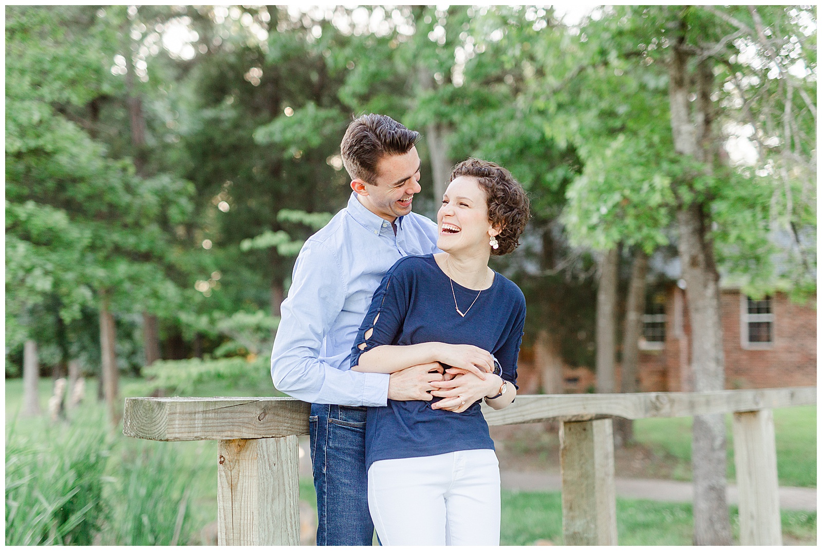 Golden Hour Outdoor Engagement Session with Classy Blue Shirt White Jeans Outfit Ideas in Charlotte, NC by Kevyn Dixon Photography