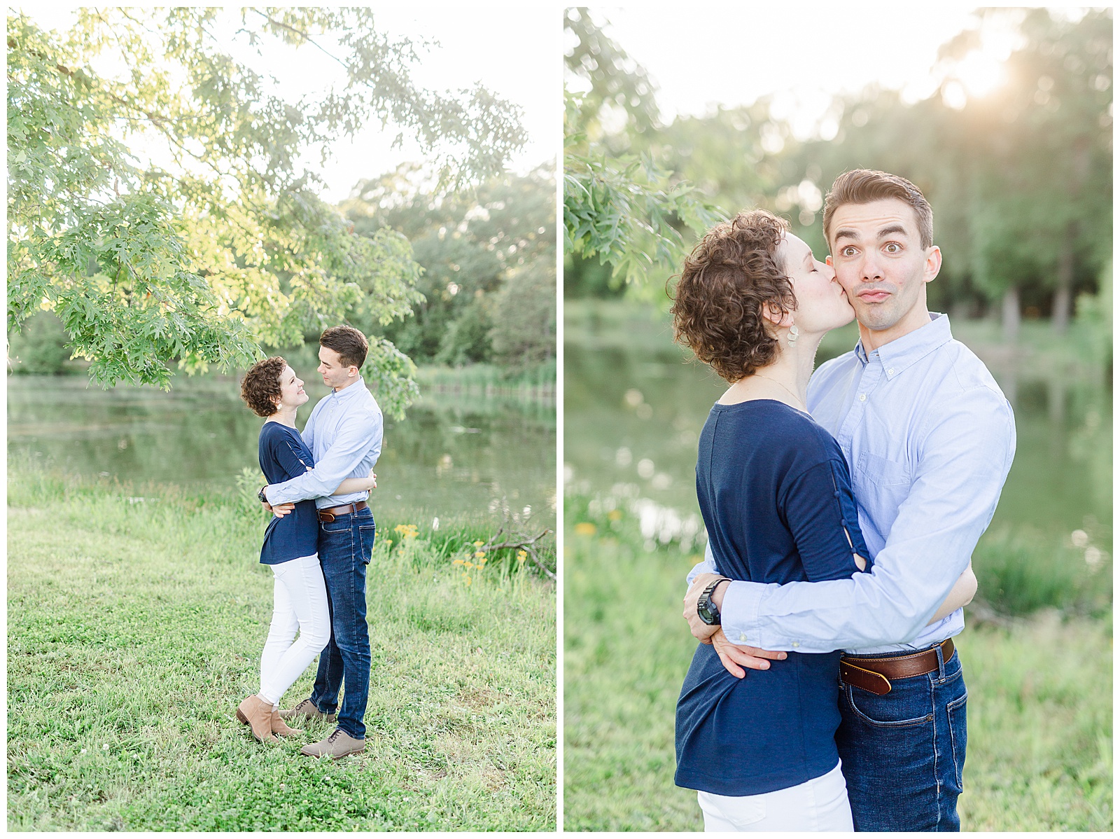 Golden Hour Outdoor Engagement Session with Classy Blue Shirt White Jeans Outfit Ideas in Charlotte, NC by Kevyn Dixon Photography