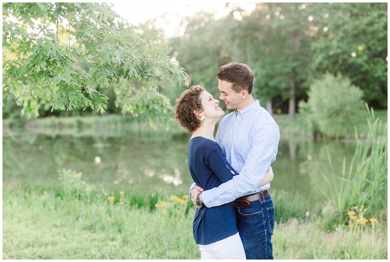 Golden Hour Outdoor Engagement Session with Classy Blue Shirt White Jeans Outfit Ideas in Charlotte, NC by Kevyn Dixon Photography