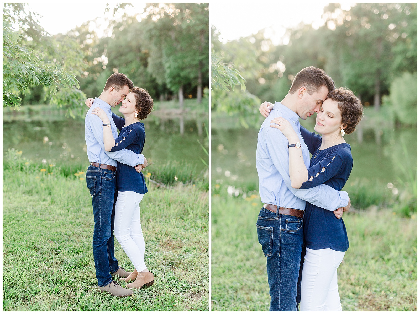 Golden Hour Outdoor Engagement Session with Classy Blue Shirt White Jeans Outfit Ideas in Charlotte, NC by Kevyn Dixon Photography