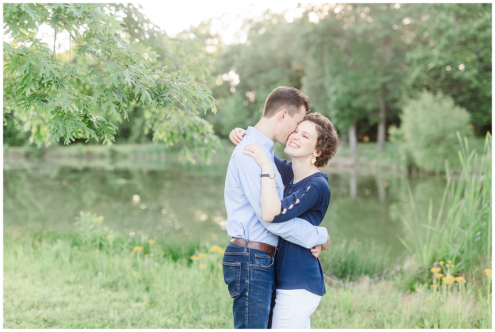 Golden Hour Outdoor Engagement Session with Classy Blue Shirt White Jeans Outfit Ideas in Charlotte, NC by Kevyn Dixon Photography