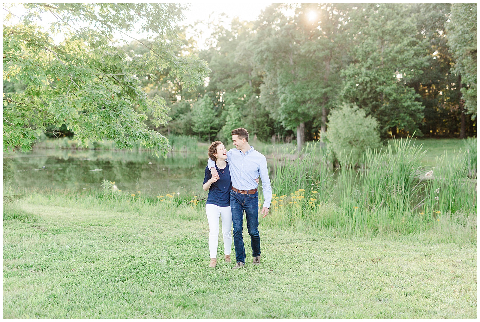 Golden Hour Outdoor Engagement Session with Classy Blue Shirt White Jeans Outfit Ideas in Charlotte, NC by Kevyn Dixon Photography