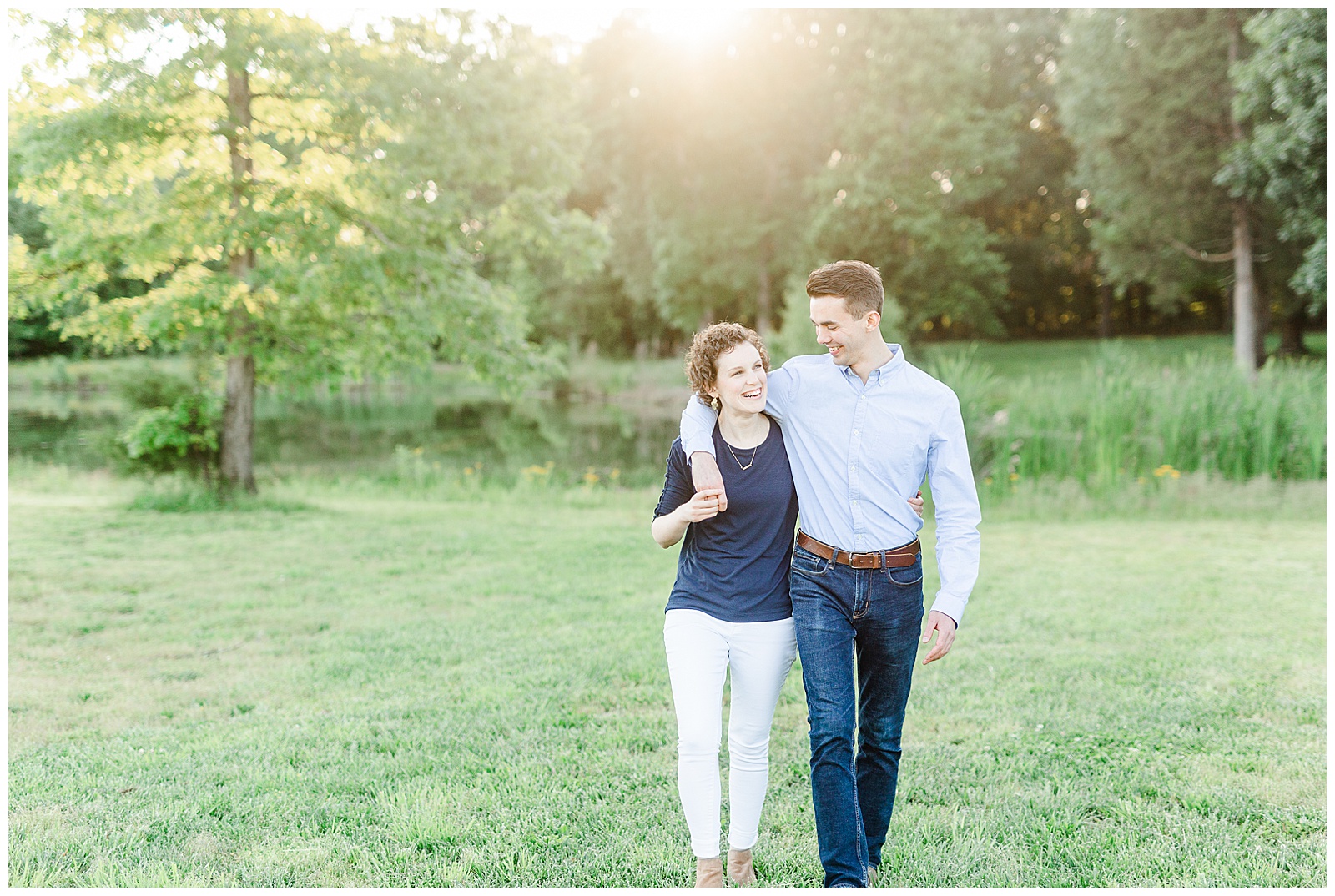 Golden Hour Outdoor Engagement Session with Classy Blue Shirt White Jeans Outfit Ideas in Charlotte, NC by Kevyn Dixon Photography