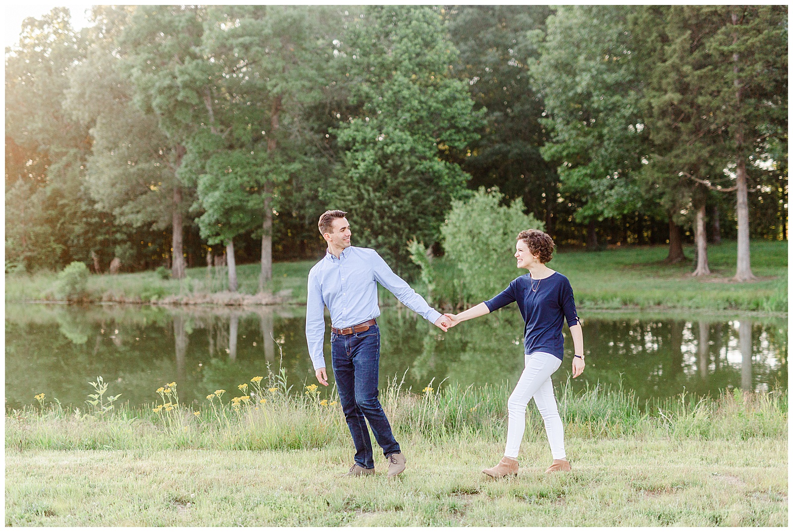 Golden Hour Outdoor Engagement Session with Classy Blue Shirt White Jeans Outfit Ideas in Charlotte, NC by Kevyn Dixon Photography
