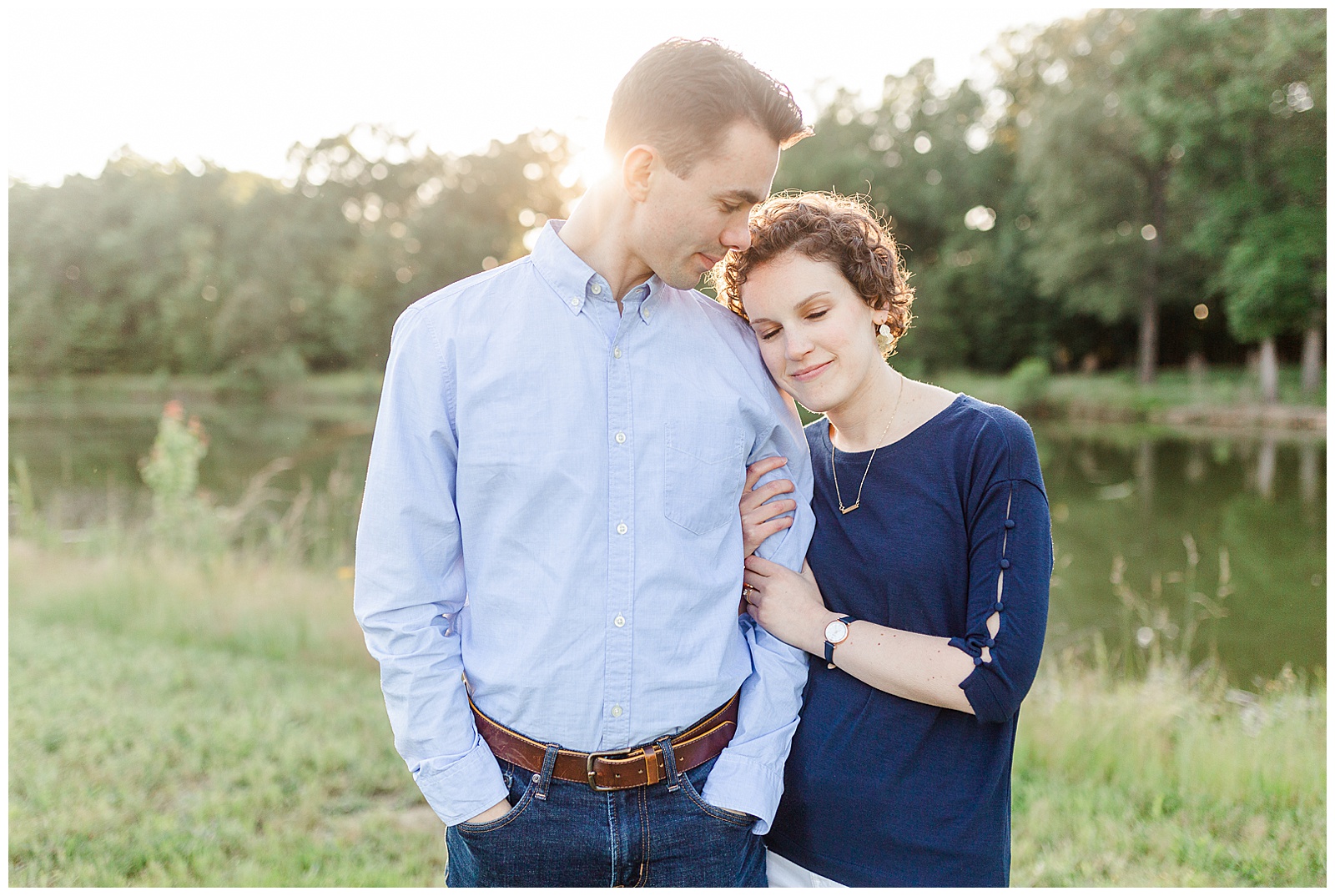 Golden Hour Outdoor Engagement Session with Classy Blue Shirt White Jeans Outfit Ideas in Charlotte, NC by Kevyn Dixon Photography
