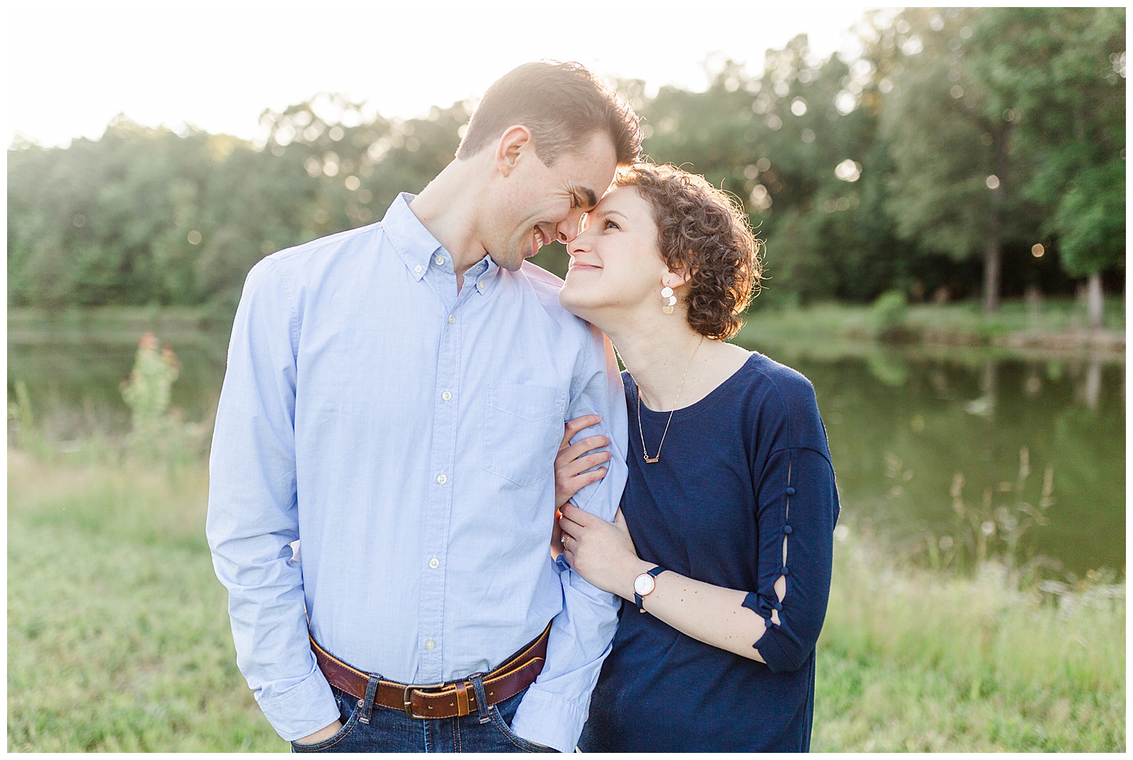 Golden Hour Outdoor Engagement Session with Classy Blue Shirt White Jeans Outfit Ideas in Charlotte, NC by Kevyn Dixon Photography