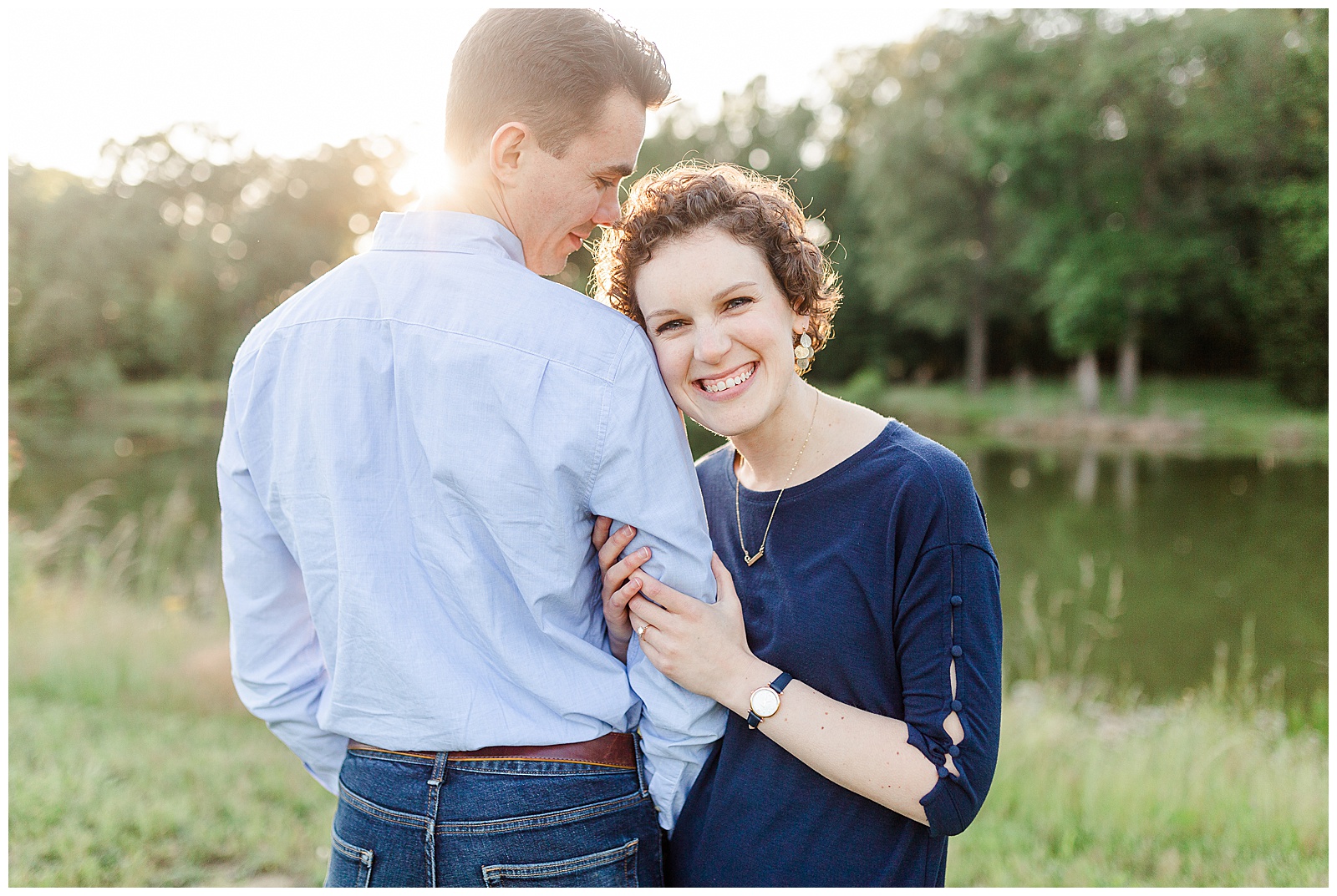 Golden Hour Outdoor Engagement Session with Classy Blue Shirt White Jeans Outfit Ideas in Charlotte, NC by Kevyn Dixon Photography