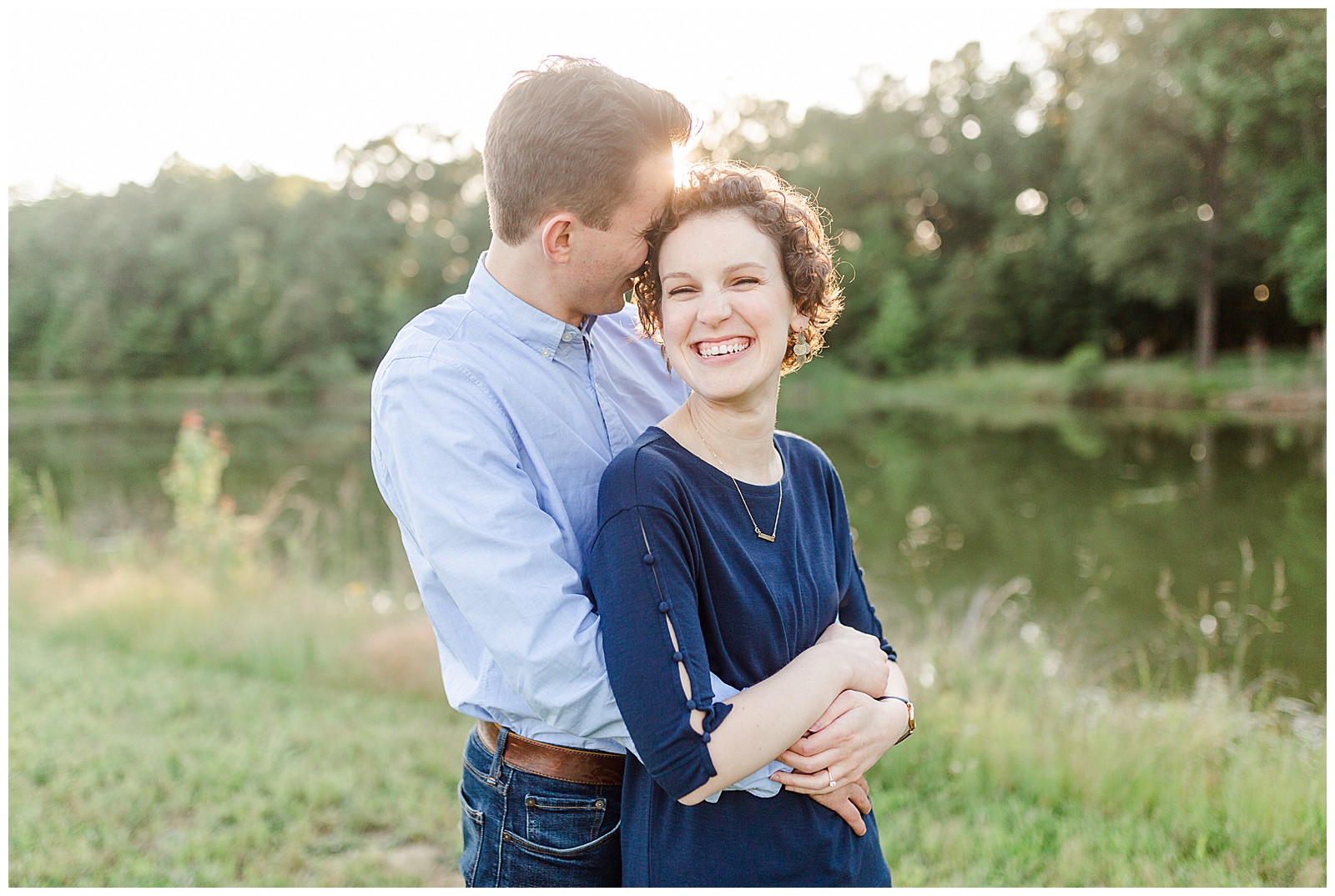 Golden Hour Outdoor Engagement Session with Classy Blue Shirt White Jeans Outfit Ideas in Charlotte, NC by Kevyn Dixon Photography