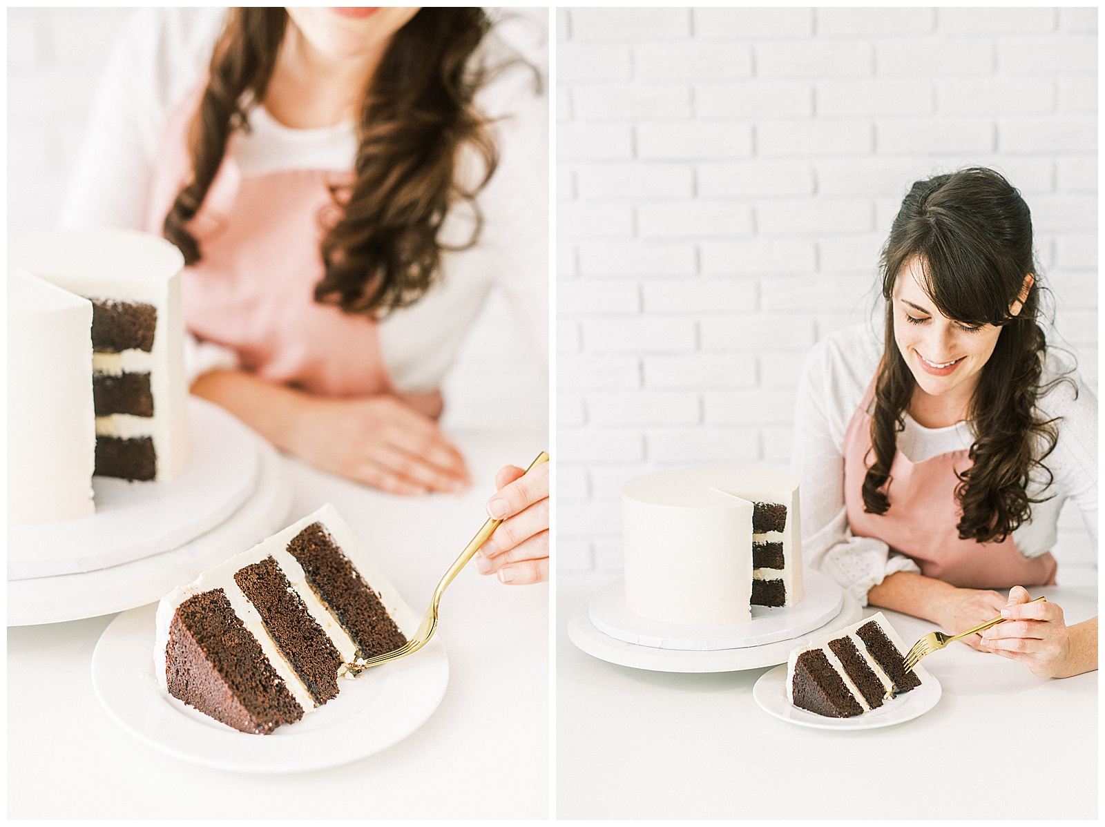 Charlotte NC Wedding Cake Designer Aryn Keogh Cutting Chocolate Cake