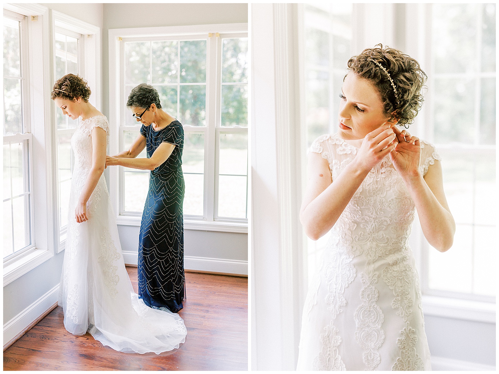 curly short haired bride getting ready in light and airy glass window bridal suite