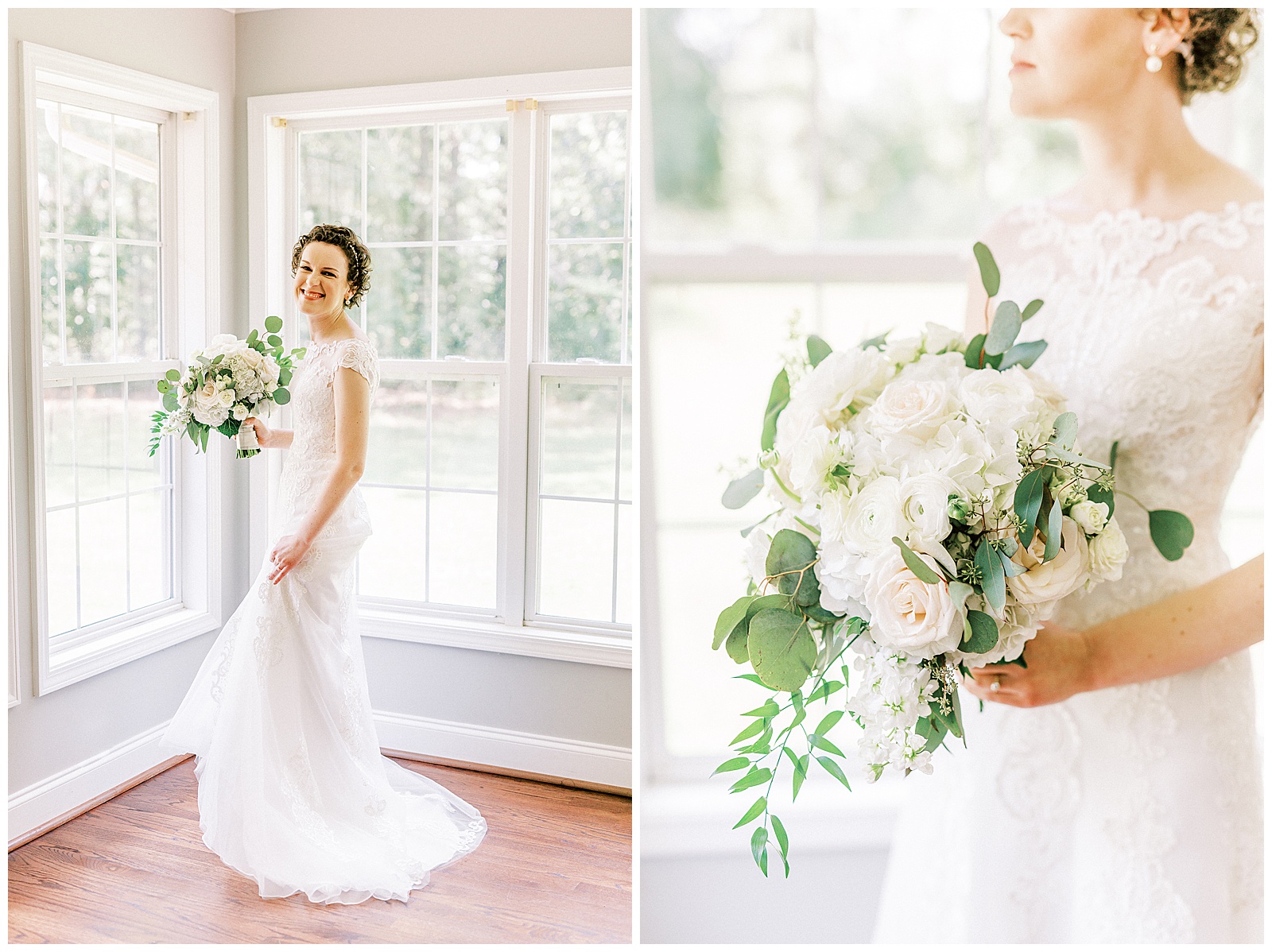 curly short haired bride getting ready in light and airy glass window bridal suite