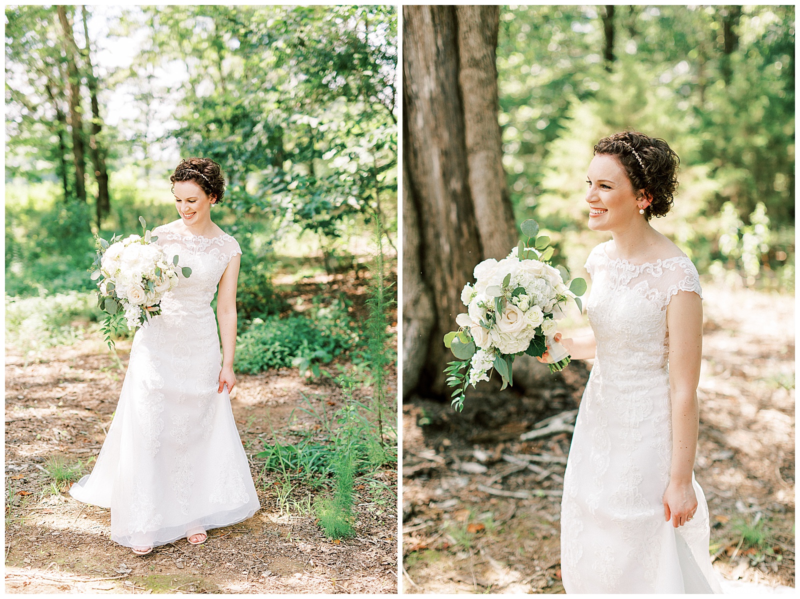 curly short haired bride with lace wedding dress outdoor summer bridal wedding day portraits with white bouquet