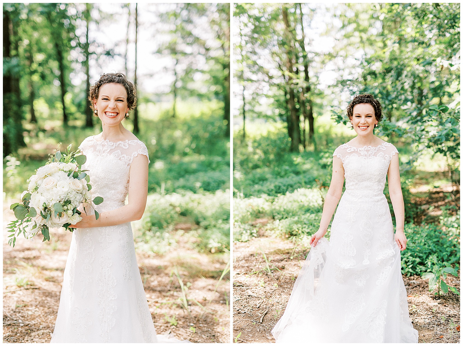 curly short haired bride with lace wedding dress outdoor summer bridal wedding day portraits with white bouquet