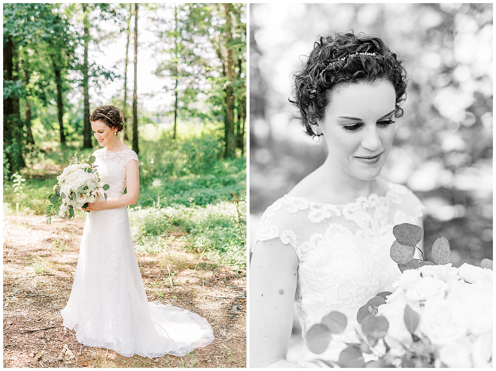 curly short haired bride with lace wedding dress outdoor summer bridal wedding day portraits with white bouquet