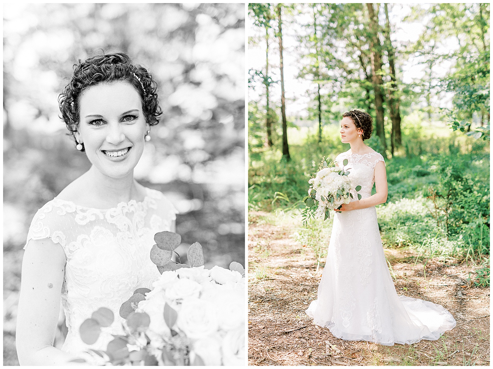 curly short haired bride with lace wedding dress outdoor summer bridal wedding day portraits with white bouquet
