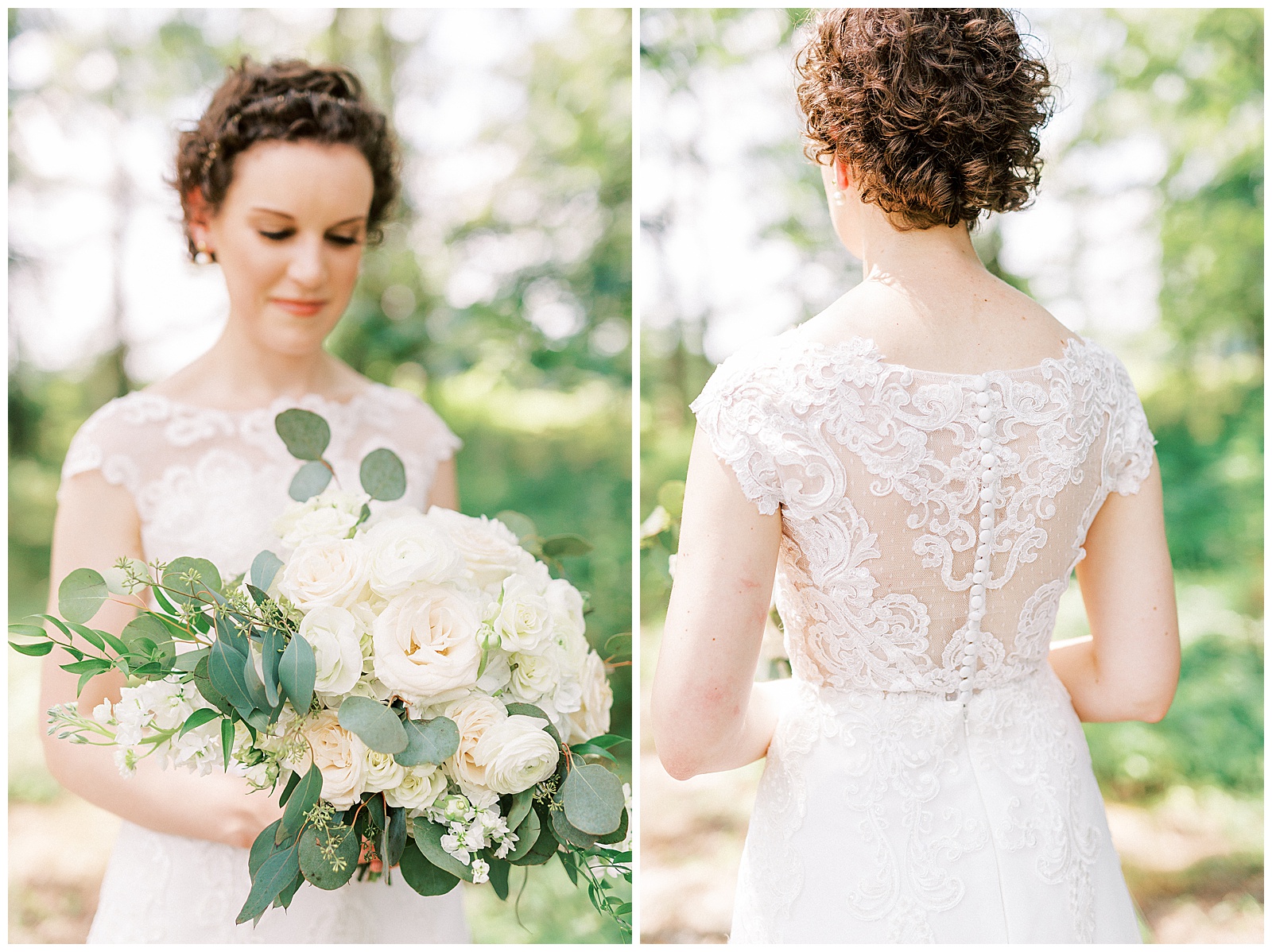 curly short haired bride with lace wedding dress outdoor summer bridal wedding day portraits with white bouquet