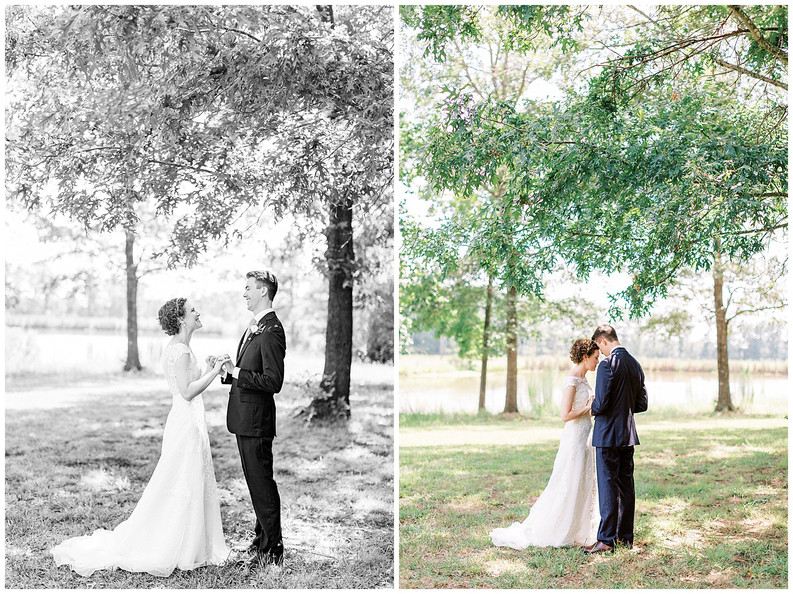 outside groomsmen first look of curly short haired bride with lace wedding dress