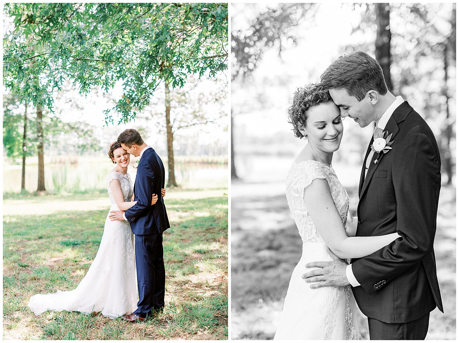 outside bride groom wedding day portraits curly short haired bride with lace wedding dress and navy blue suit groom
