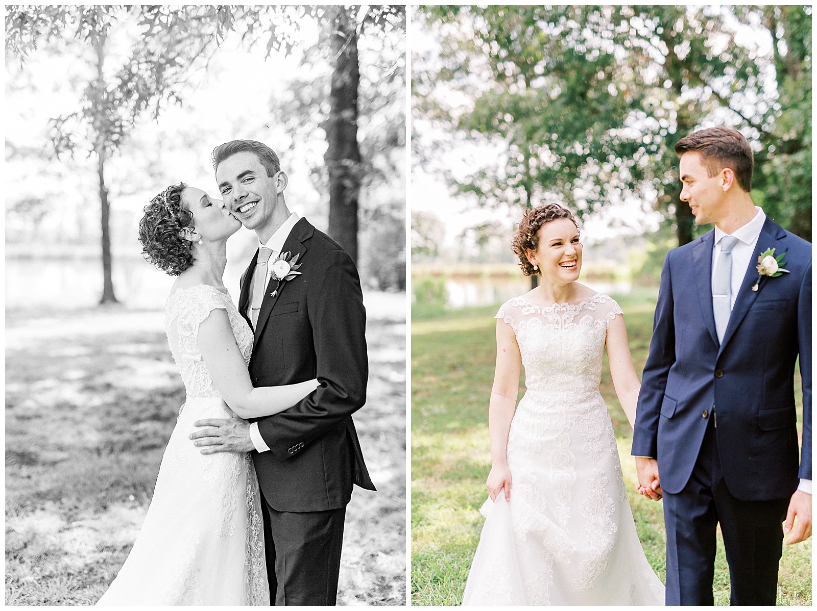 outside bride groom wedding day portraits curly short haired bride with lace wedding dress and navy blue suit groom